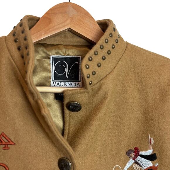 Valencia Wool Western Cowboy Embroidered Jacket Womens L Tan Studded Rodeo Coat - Picture 6 of 16